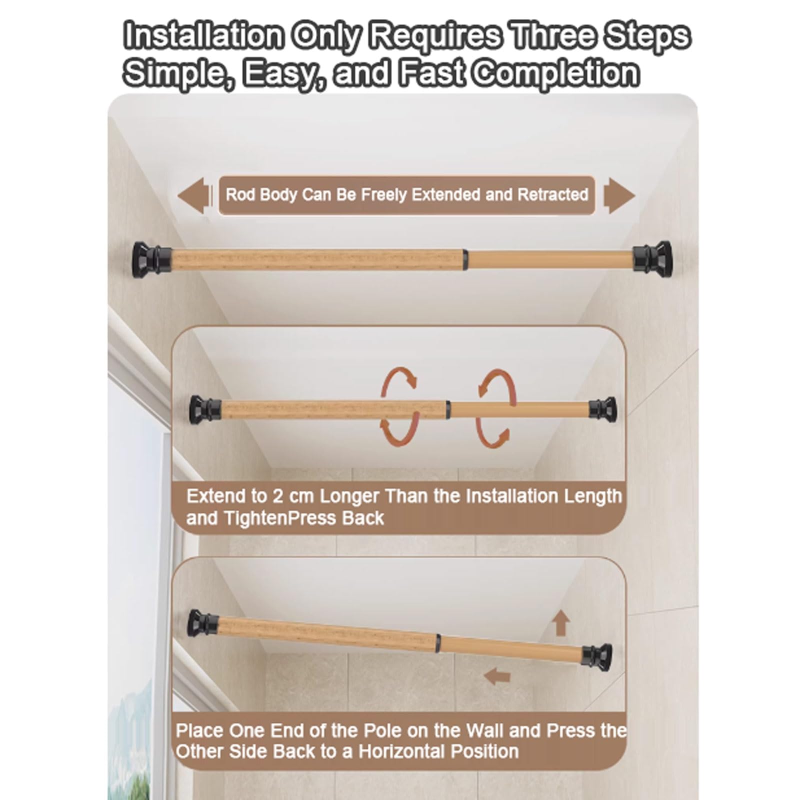 Tringle à rideaux télescopique réglable en acier inoxydable – Extensible – Montage par pression pour douche, armoires et étagères (134 à 240 cm) – Robuste, facile à installer, résistante à la rouille