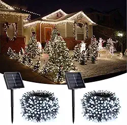 Toodour Luzes solares de Natal ao ar livre, 10 m 100 LED de cordão de luzes extralegrantes com 8 modos, luzes solares de fadas à prova d'água, luzes de árvore para jardim, quintal, casamento, casa, decoração de festa de Natal (2 pacotes, branco)