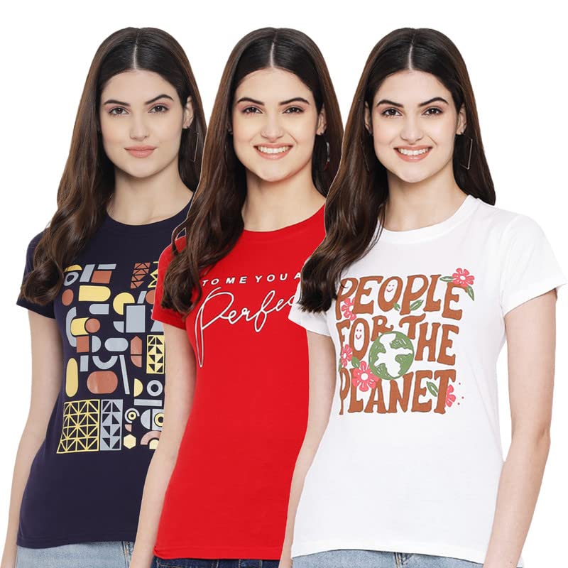 Image of Preneum Women's Cotton Regular Fit Graphic Stylish Printed Short Sleeves Casual T-Shirt || Trendy & Stylish (Pack 3), Navy Blue & Red & White, L