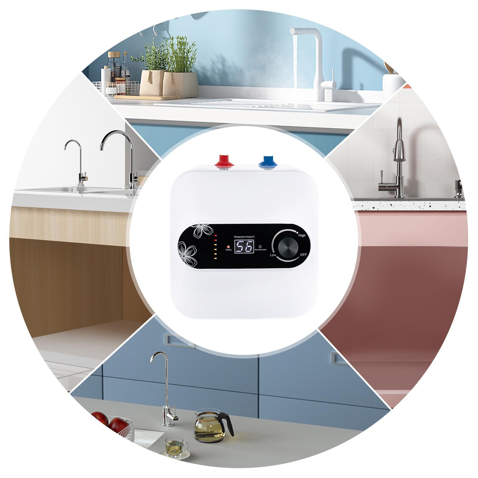 Elektryczny podgrzewacz wody, 8 l, 1500 W, natychmiastowy zbiornik na wodę z wyświetlaczem LED, regulowana temperatura (30-65°C), montowany na ścianie/wolnostojący, wodoodporny IPX4 do kuchni/łazienki