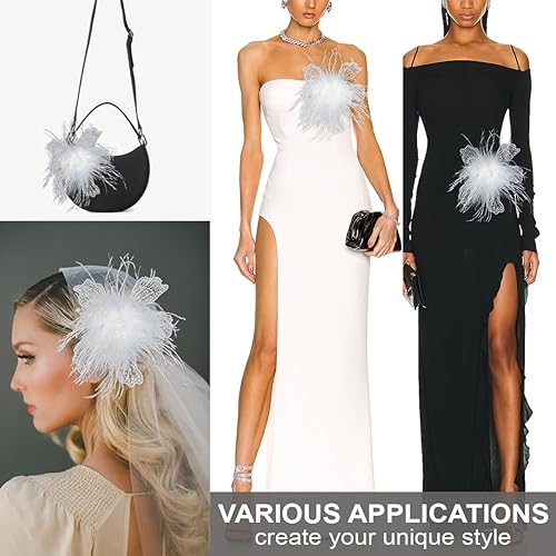 Miniatura 2 de Adornos con apliques de plumas blancas para vestido, ropa, sombreros para coser en cuentas de lentejuelas y diamantes de imitación para ropa, tela
