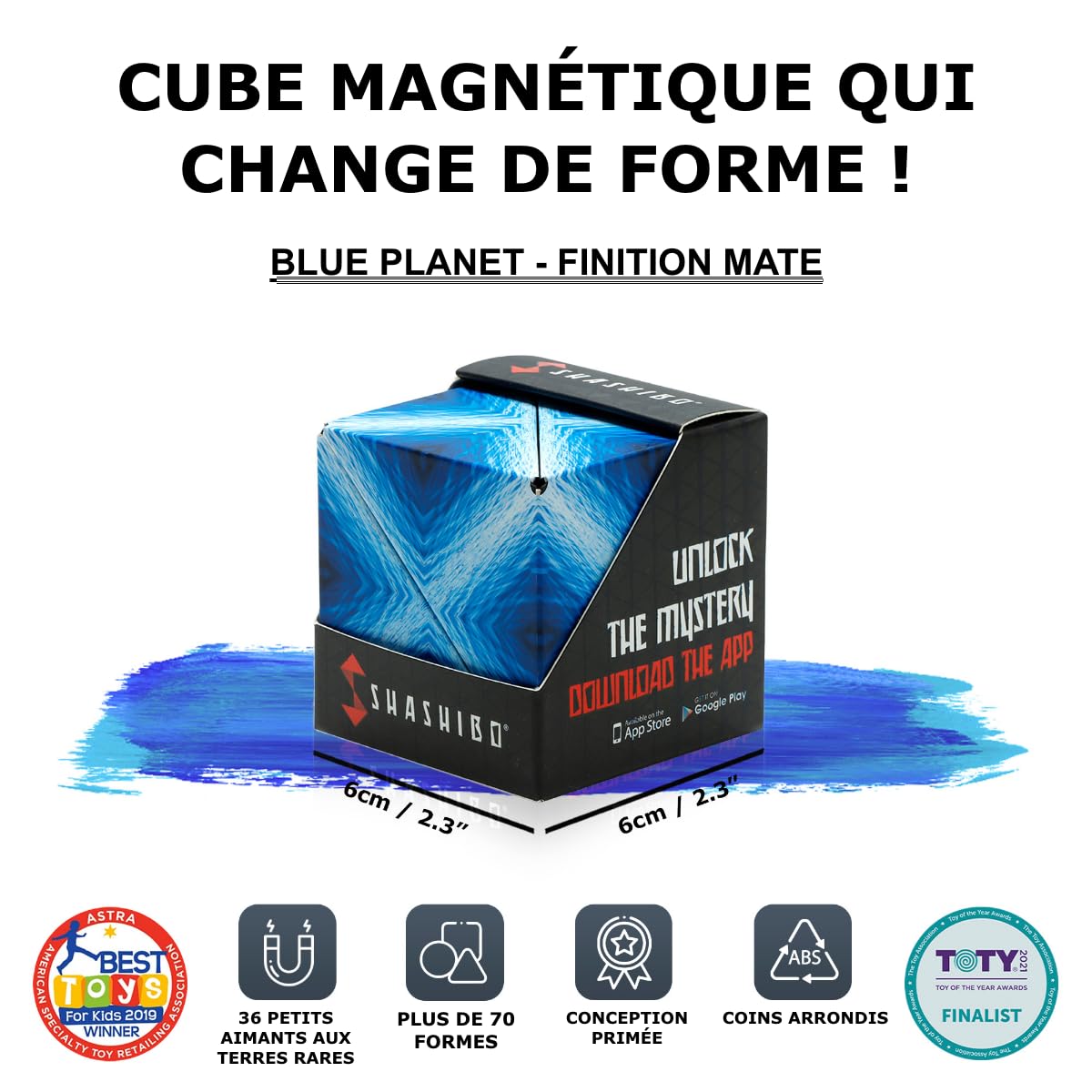 Shashibo Cube Transformable – Cube Antistress breveté et primé avec 36 aimants rares sur Le thème de la Terre – Peut Prendre Plus de 100 Formes (Blue Planet)