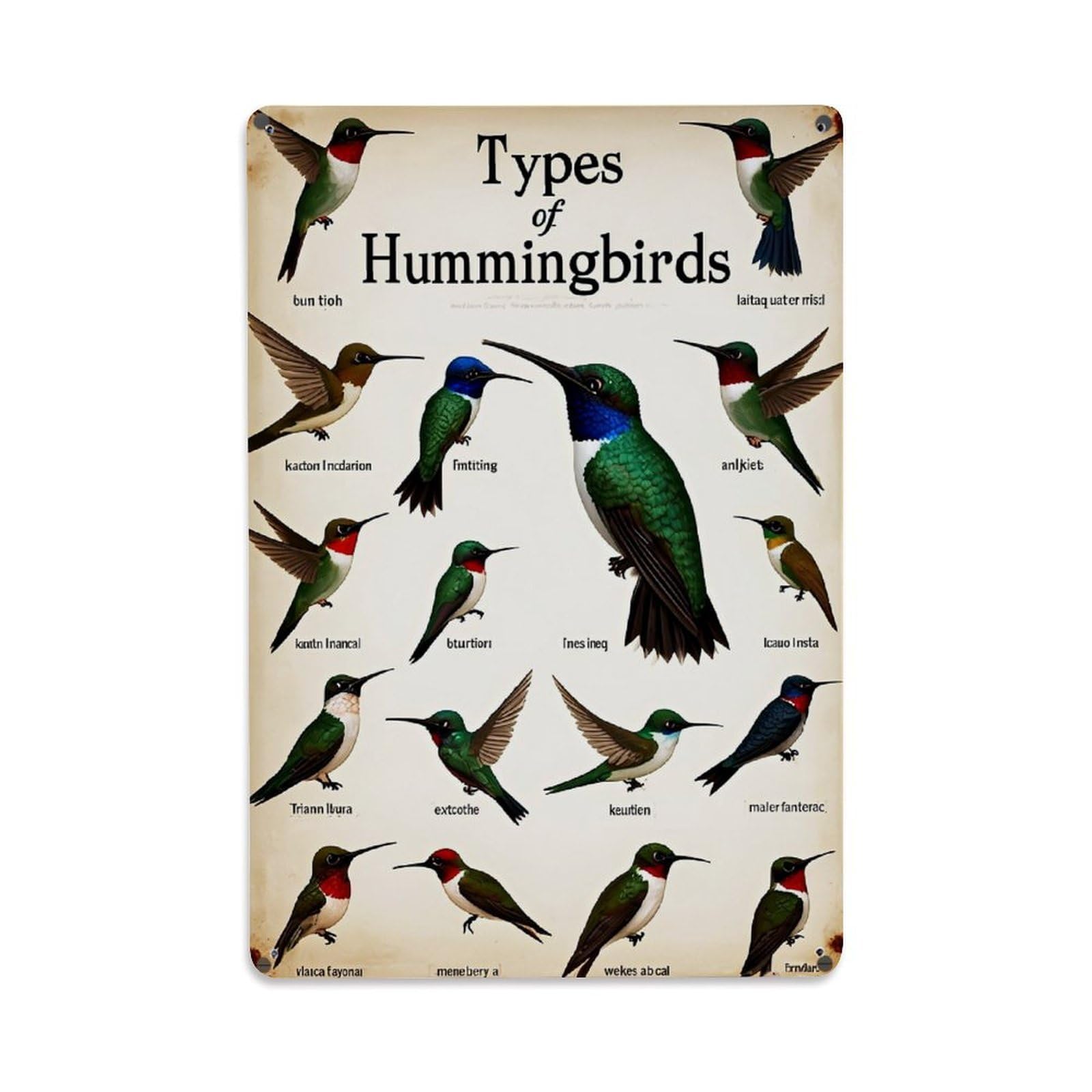 Types Of Hummingbirds Illustration Print Retro Metal Tin Sign, Vintage Metal Poster for home, Gaming Room, Studio Workshop,Bar,Garage Wall Art Decor 8x12 Inch