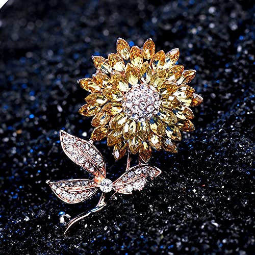 Damen-Brosche, Kristall-Sonnenblumen-Brosche, Roségoldfarben, Damen-Broschen, Anstecknadeln für Mantel, Anzug, Kleid, Accessoires, Exquisite Broschen (hellgelbes Gold C
