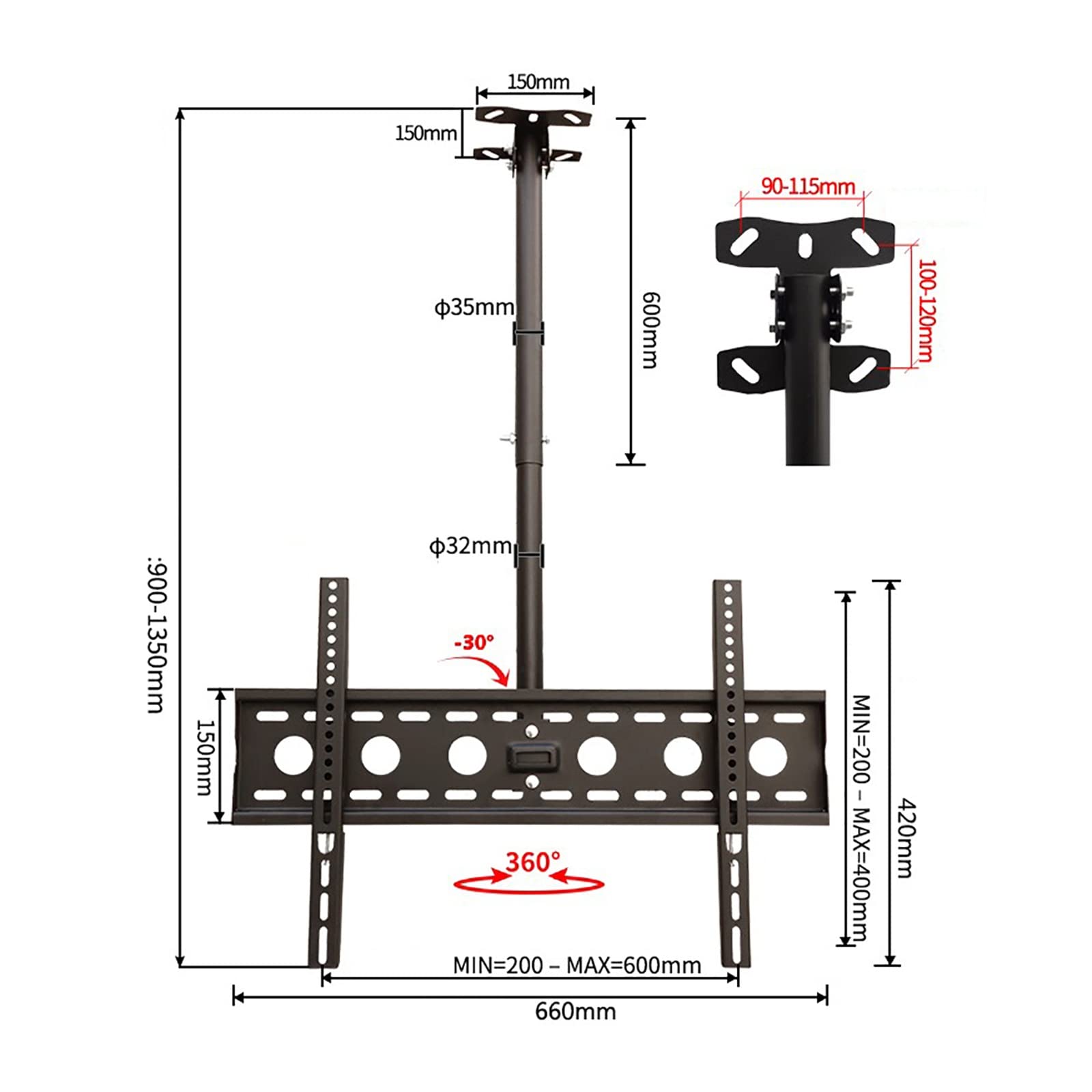 Support Mural de Plafond pour téléviseur, Compatible avec la Plupart des écrans LED de 43 à 65 Pouces, Hauteur réglable, Charge maximale de 45 kg, Fixation VESA Max. 600 x 400 mm.