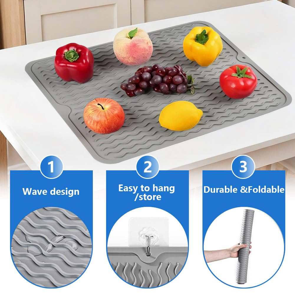 OSDUE Alfombrilla Escurreplatos de Silicona,50 x 40cm Alfombrilla Escurreplatos Plegable,Estera Para Lavar Platos Enrollable Antideslizante Resistencia a Altas Temperatura para Cafetera,Gris