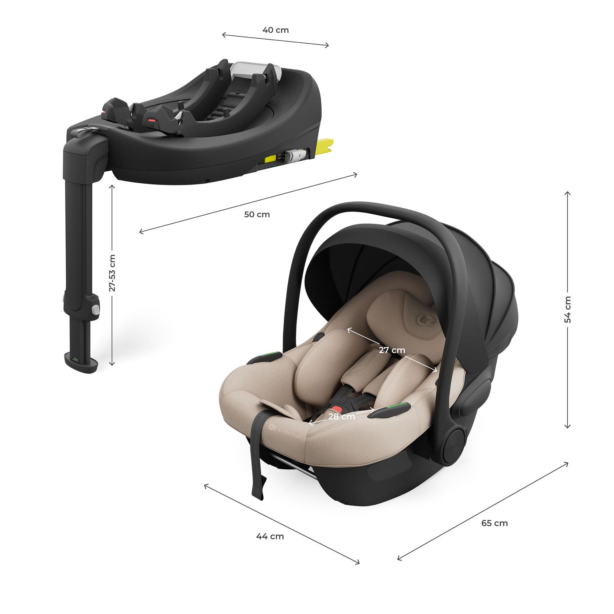 KINDERKRAFT ENDURA SAFE MODULAR SYSTEM, 3en1, Para niños y Bebés, Silla de coche para niños, Base giratoria, Ultraligera(3,2kg), Acolchado premium, Sistema de protección para la cabeza, Beige