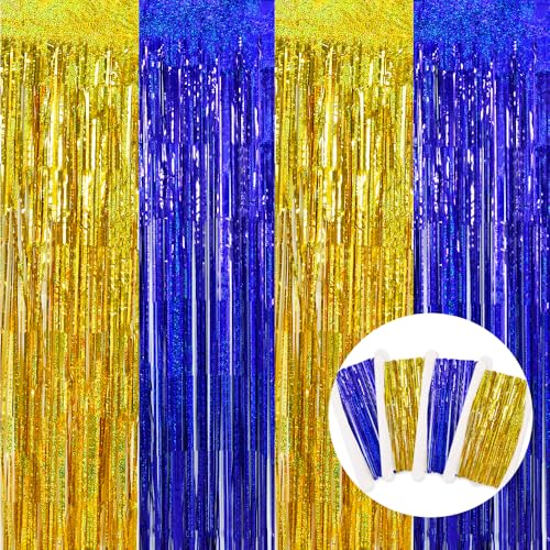 Image of BEISHIDA 4 Pcs Blue and Gold Party Streamers Fringe Foil Curtain Backdrop Tinsel Background Party Decoration for Door Wall Graduation Birthday Wedding Anniversary Party Decoration(3.28 Ft x 8.2 Ft)