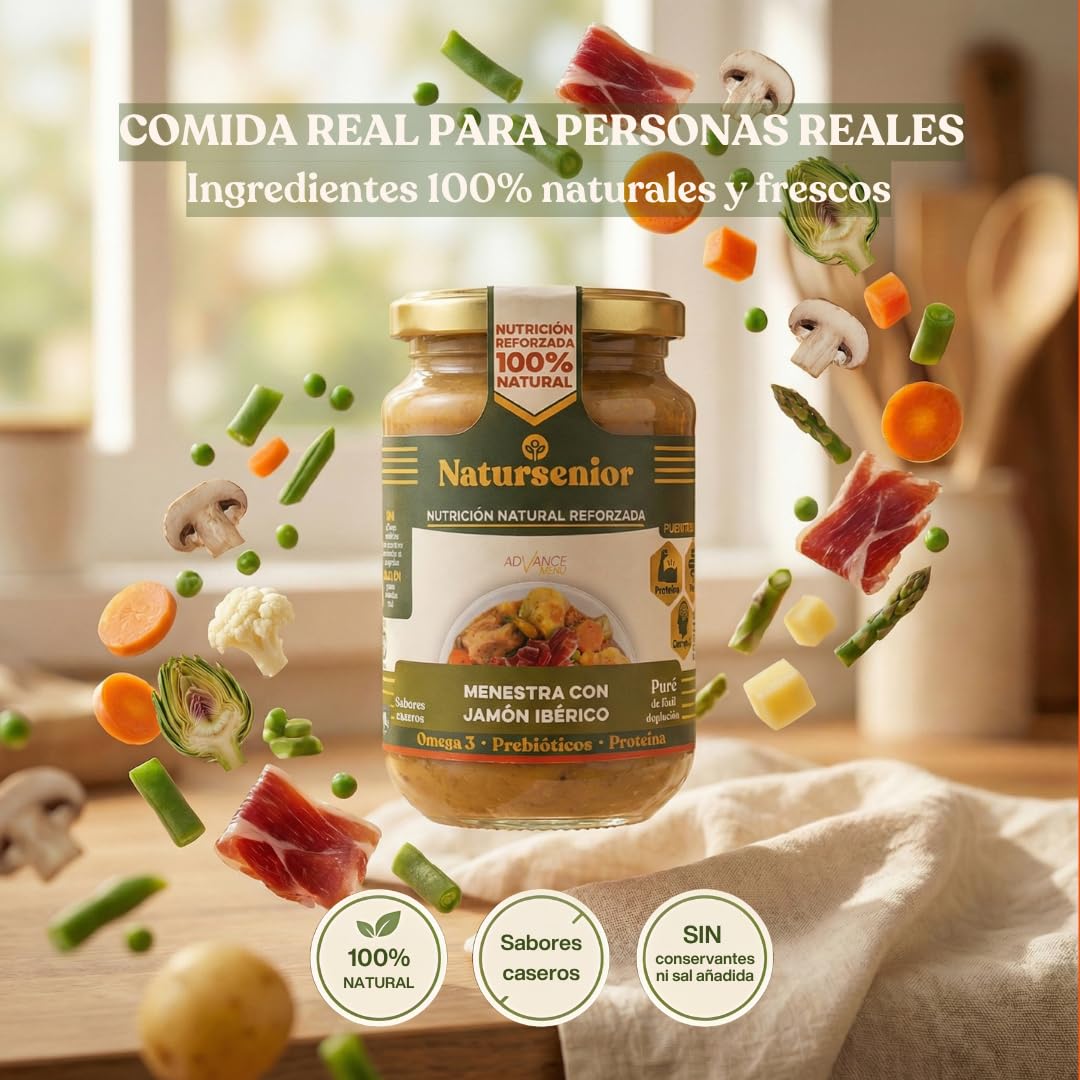 Natursenior - Comida Triturada para Personas Mayores - Pack Puré Menestra con Jamón Ibérico - 100% Natural, Omega 3, Fibra, Proteína - 6 uds x 340g
