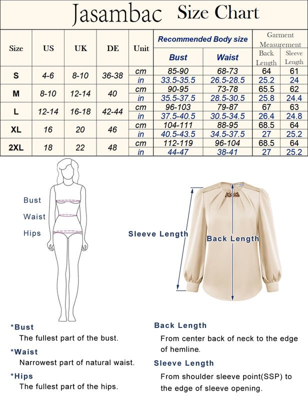 JASAMBAC Chemisier en satin pour femme - Haut à manches longues - Avec chaîne décorative - Chemisier festif élégant en satin - Chemise de fête - Chemise de travail en soie - Tenue d'affaires