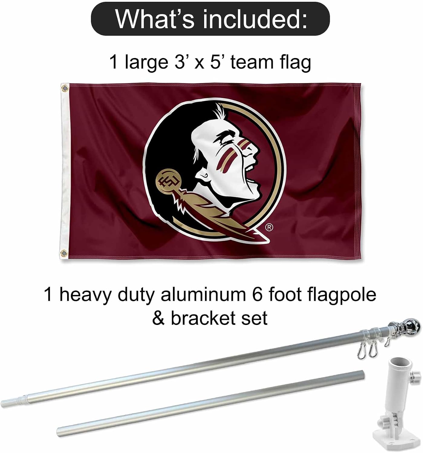 Florida State FSU Noles New Logo Flag with Pole and Bracket Kit