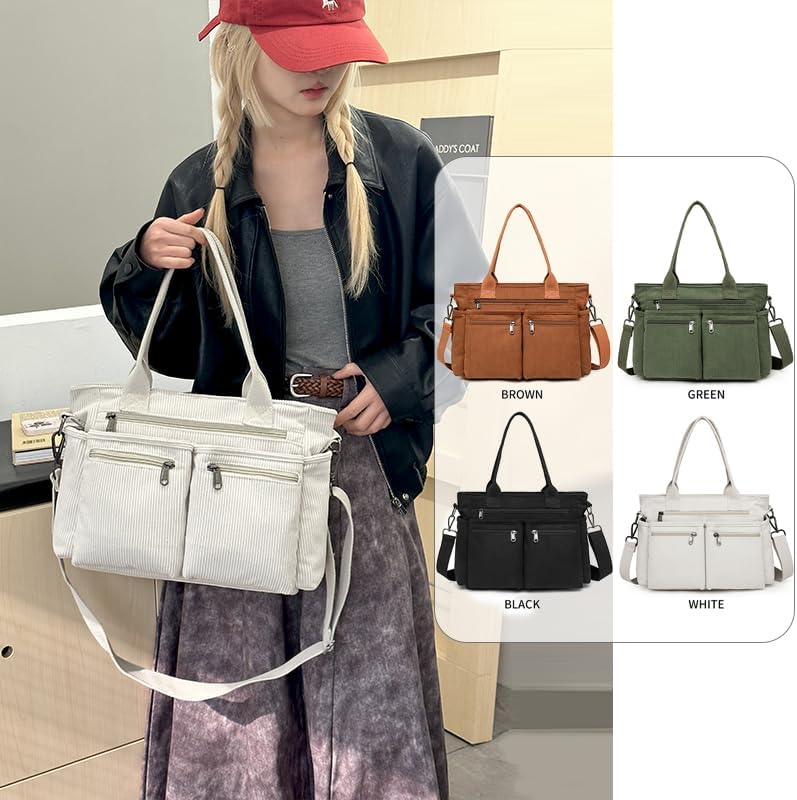 Corduroy Crossbody Tote Bag for Women Cute Shoulder Bag Large Messenger Bag Commuter School Purse Handbag Work Multi Pocket(black) - Image 6