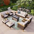 PHI VILLA 10-Piece Outdoor Sectional Patio Conversation Set with 56" Fire Pit Table Table, Outdoor Rattan Furniture Patio Set for 9 Seats with Cushions, Beige
