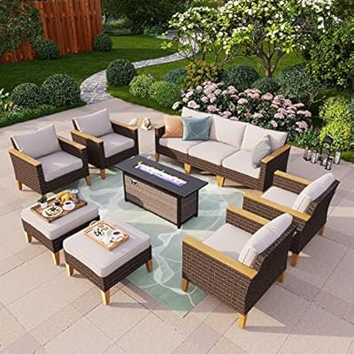 PHI VILLA 10-Piece Outdoor Sectional Patio Conversation Set with 56" Fire Pit Table Table, Outdoor Rattan Furniture Patio Set for 9 Seats with Cushions, Beige