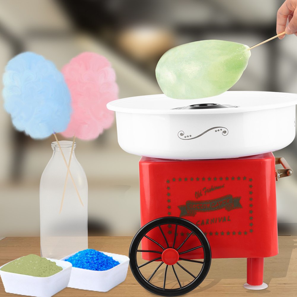 Máquina de algodón de azúcar, algodón de azúcar para niños, máquina de algodón de azúcar con palillos y cucharas medidoras, para cumpleaños infantiles (mini máquina de malvavisco retro roja)