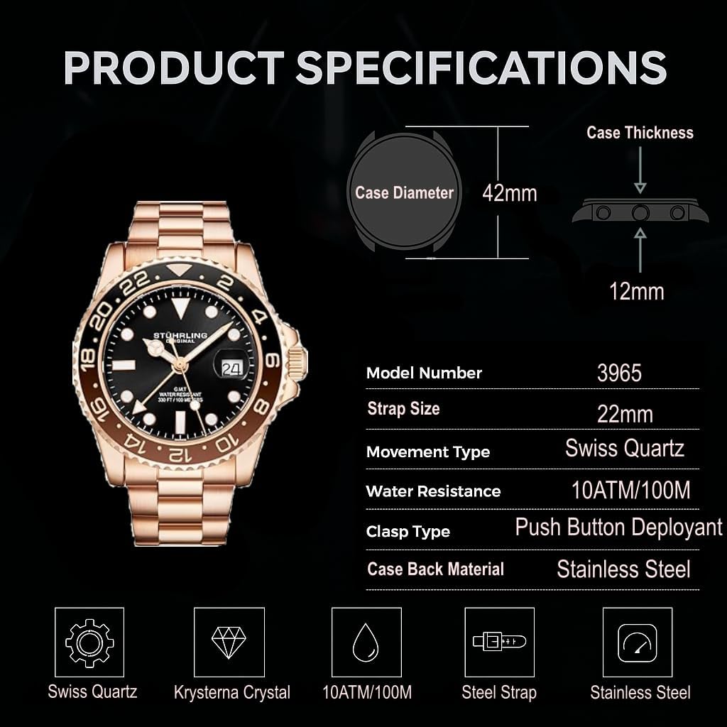 Stuhrling Original Men's Watch Stainless Steel Triple Row Bracelet Dual Time Date with Screw Down Crown