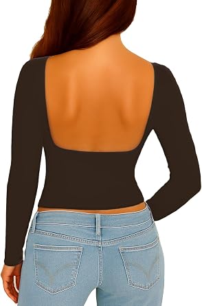 ForeFair Women Sexy Backless Long Sleeve Going Out Top Slim Fit Crewneck Open Back Y2K Fall Tops