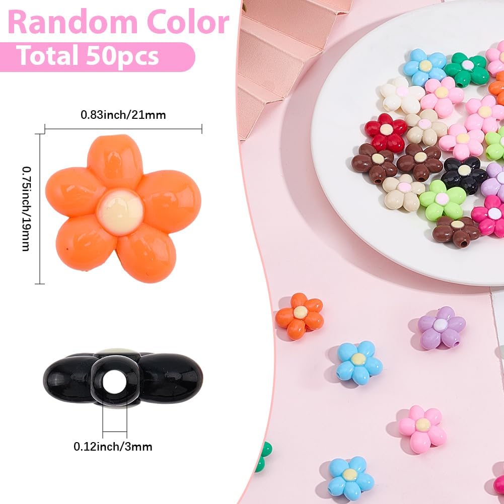 SUNNYCLUE 1 Box 50Pcs Flower Focal Beads Acrylic Flower Beads Bulk Colorful Opaque Random Colors Flat Plastic Cute Floral Loose Spacers for Jewelry Making DIY Crafting Supplies Bracelet Necklace Pen image 2