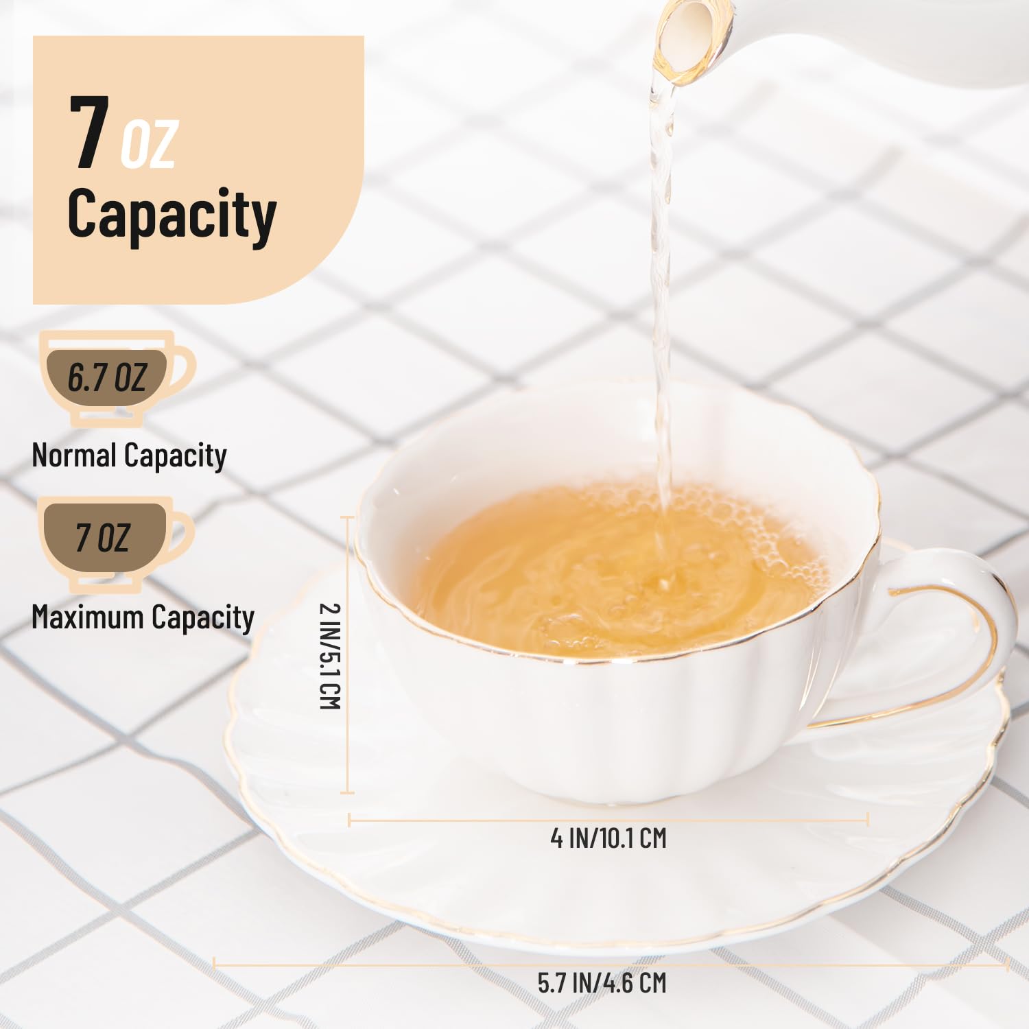 Porzellan-Teetassen und Untertassen, britischer Stil, Keramik-Teetasse, Kaffeetasse, Espressotasse, weißes Teetassen-Set für Frauen, Zuhause, Küche, Büro, Café, Teeparty, 200 ml, 6 Stück
