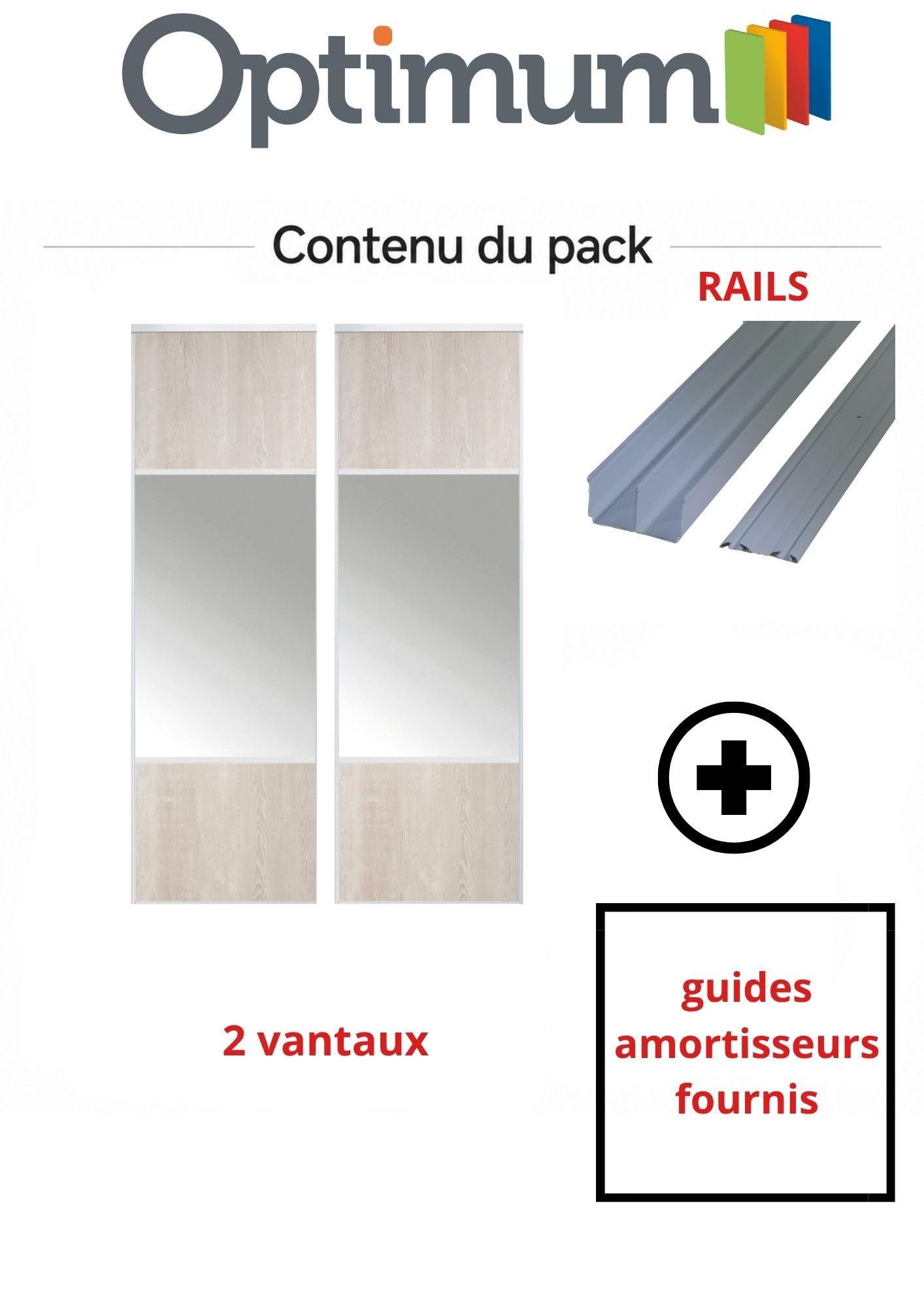 2 portes de placard coulissantes, hauteur 250 cm, largeur totale 180 cm, décor pin nordique, partitionné miroir argent, profils et rails gris inclus
