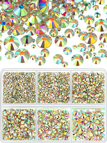 8030 Pieces Nail Art Rhinestones Round Flatback Rhinestones Crystal Nail Gems Stones in 6 Mixed Sizes for Nail Art Phone Decorations Crafts DIY (AB Clear, Silver Flatback)