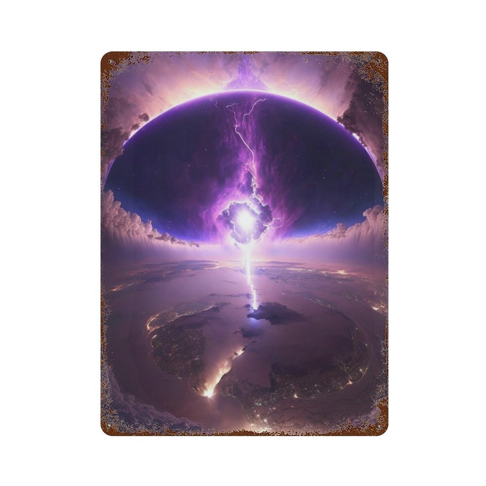 Galactic Thunderstorm Over City Lights Aged Metal Wall Plaque 15.7"x11.8", for Basement, Hobby Room And Garage Decor, Rustic Home Decor