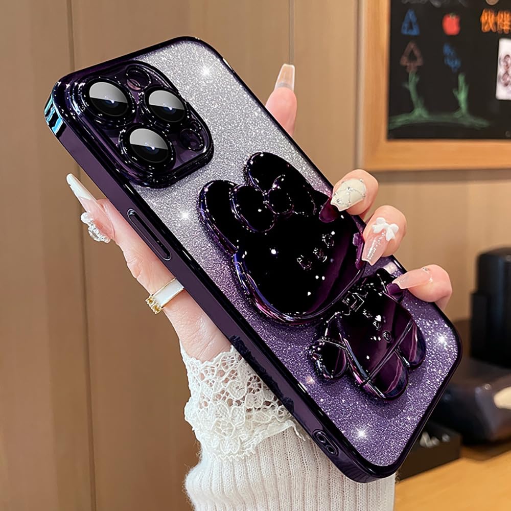 Roemary Mirror Stand Case for iPhone 16 Plus,for iPhone 16 Plus with Makeup Mirror Design,Cartoon Folding Bracket Kickstand Phone Case-Purple Cartoon