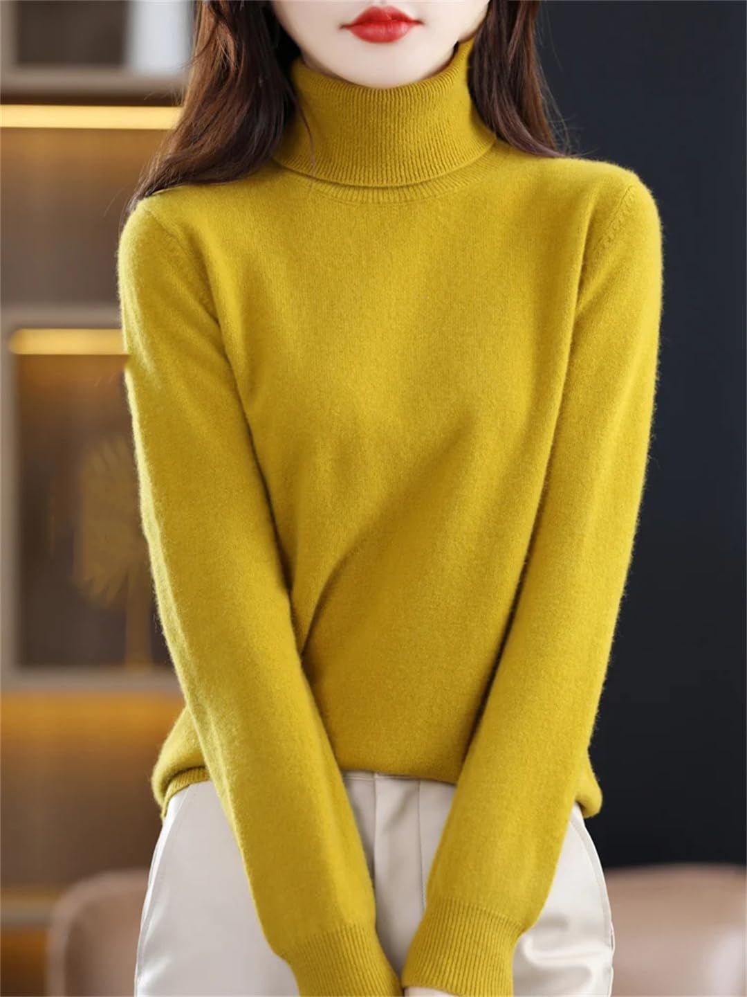 Maglione da donna a collo alto, per autunno e inverno, a maniche lunghe, in lana, morbida maglieria