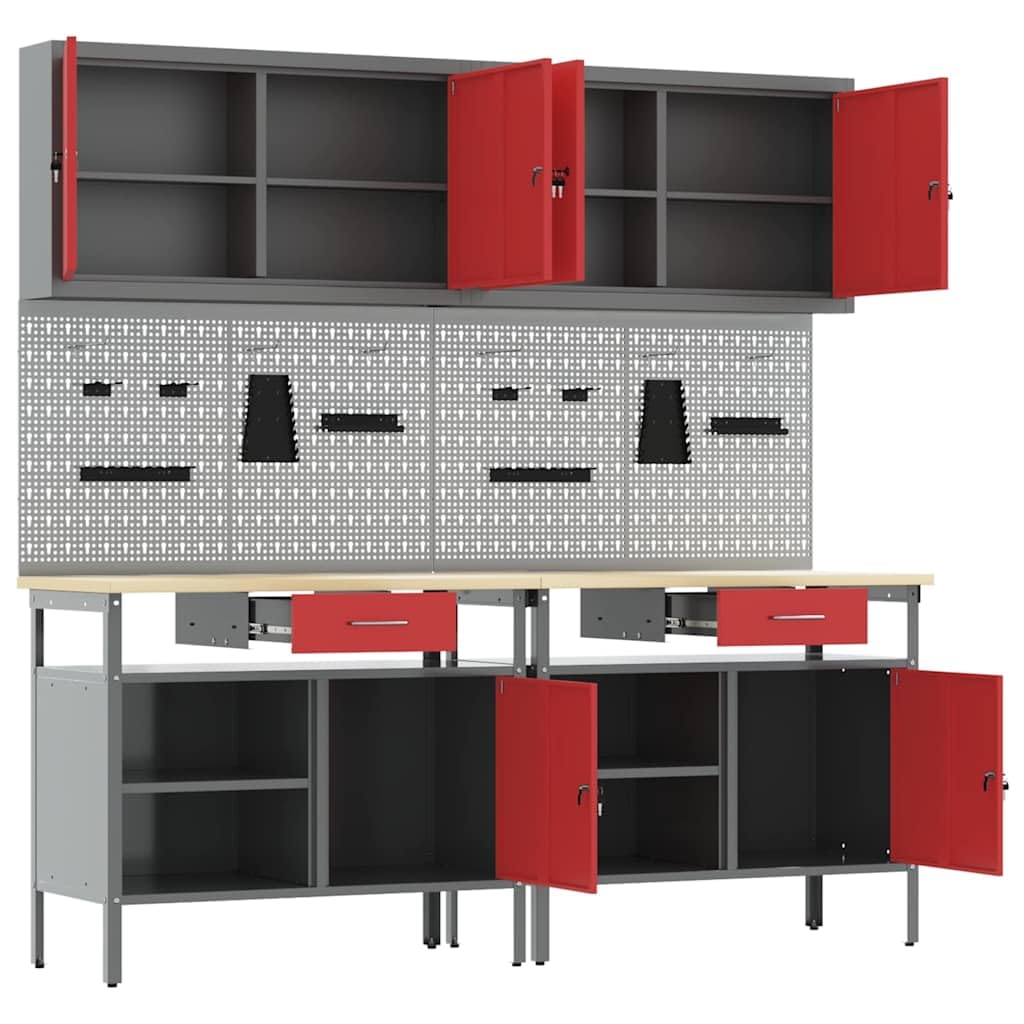 Ensemble d'établi en acier revêtu par pulvérisation rouge et gris, 8 pièces avec espace de rangement, tiroirs, cloison perforée et armoire à outils pour atelier, garage et salle de loisirs