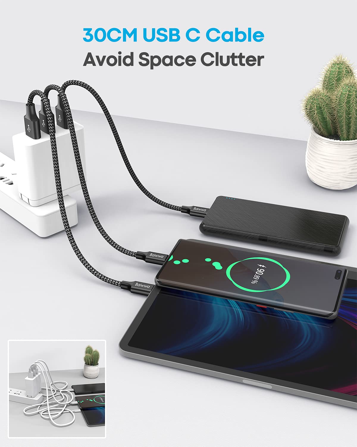 Baiwwa Cavo USB C Corto 30CM, 2Pezzi Cavi USB C Ricarica Rapida 3A Nylon Intrecciato per Samsung Galaxy S22 S24 Plus A55 A15, Car Charger, Android Auto - Nero
