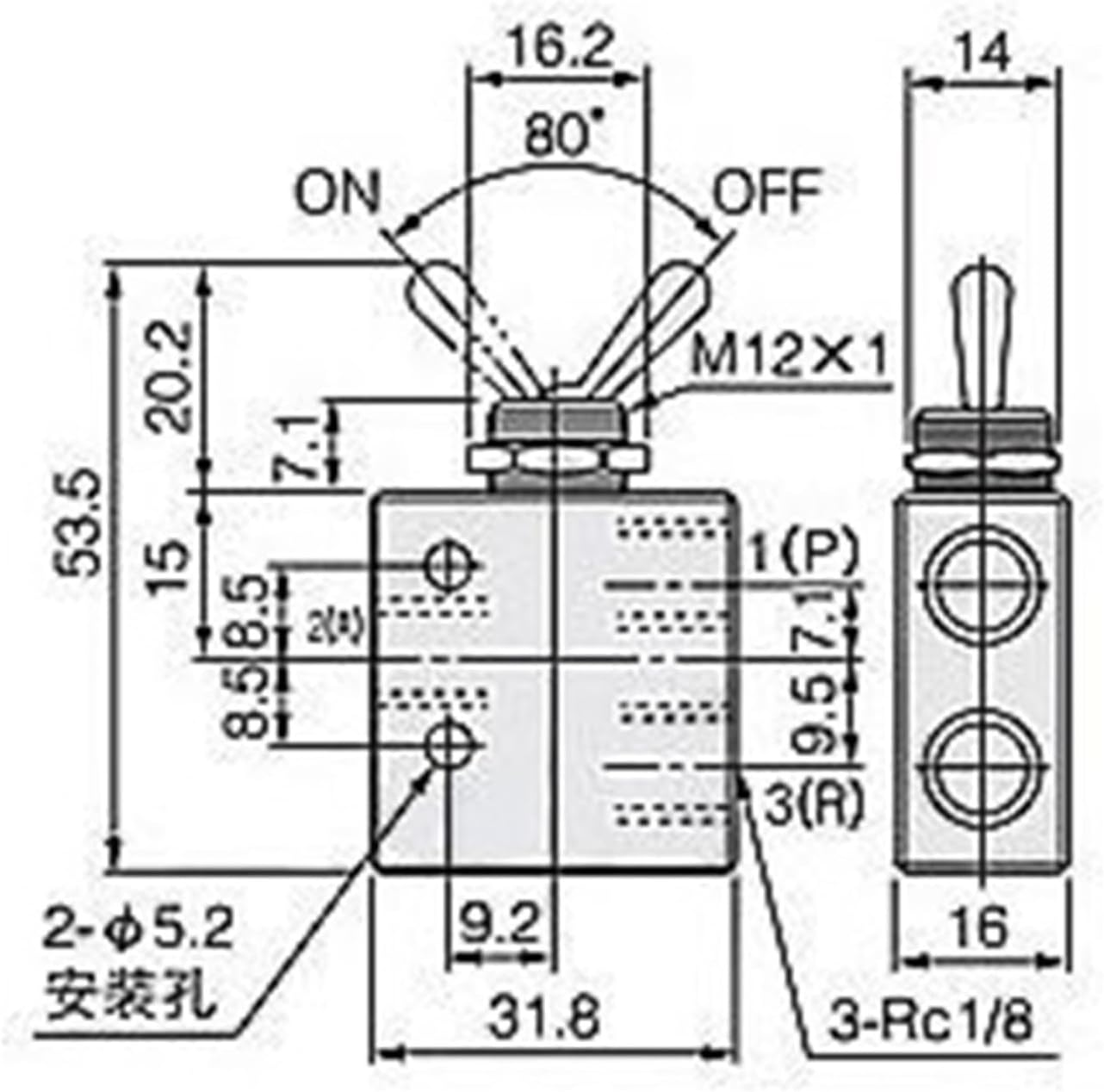 TAC2-31V Pneumatic Switch Valve, 1/8" PT Thread, 2 Position 3 Way Rectangle Mechanical Air Pneumatic Valve(TAC2-31V-6MM)