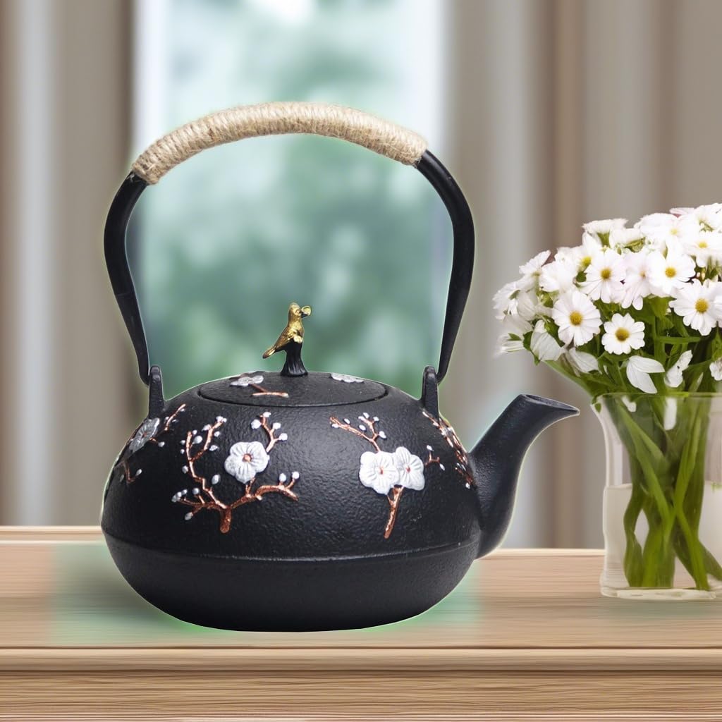 Teekanne aus Gusseisen, japanischer Stil, Tetubin, Teekessel mit herausnehmbarem Edelstahl-Ei für Herdplatte, Teekanne aus Emaille, blaues Eisen, für Kaffee, Teebeutel, Pflaumenblüten, 1200 ml