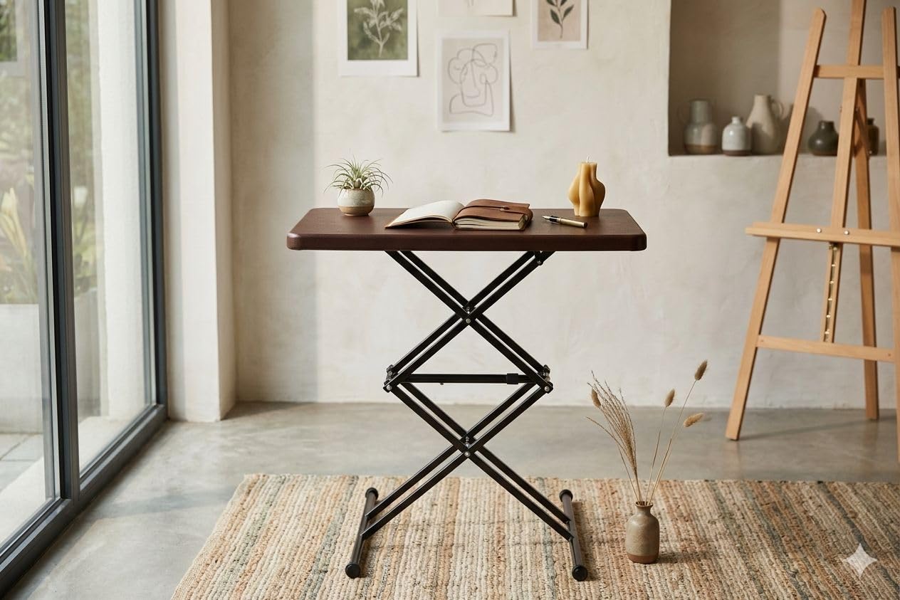 Space Magic Scissor Height-Adjustable Rectangular Multi-Purpose Contemporary Plastic Folding Table (Brown, 2x1.5 ft)-picture-12