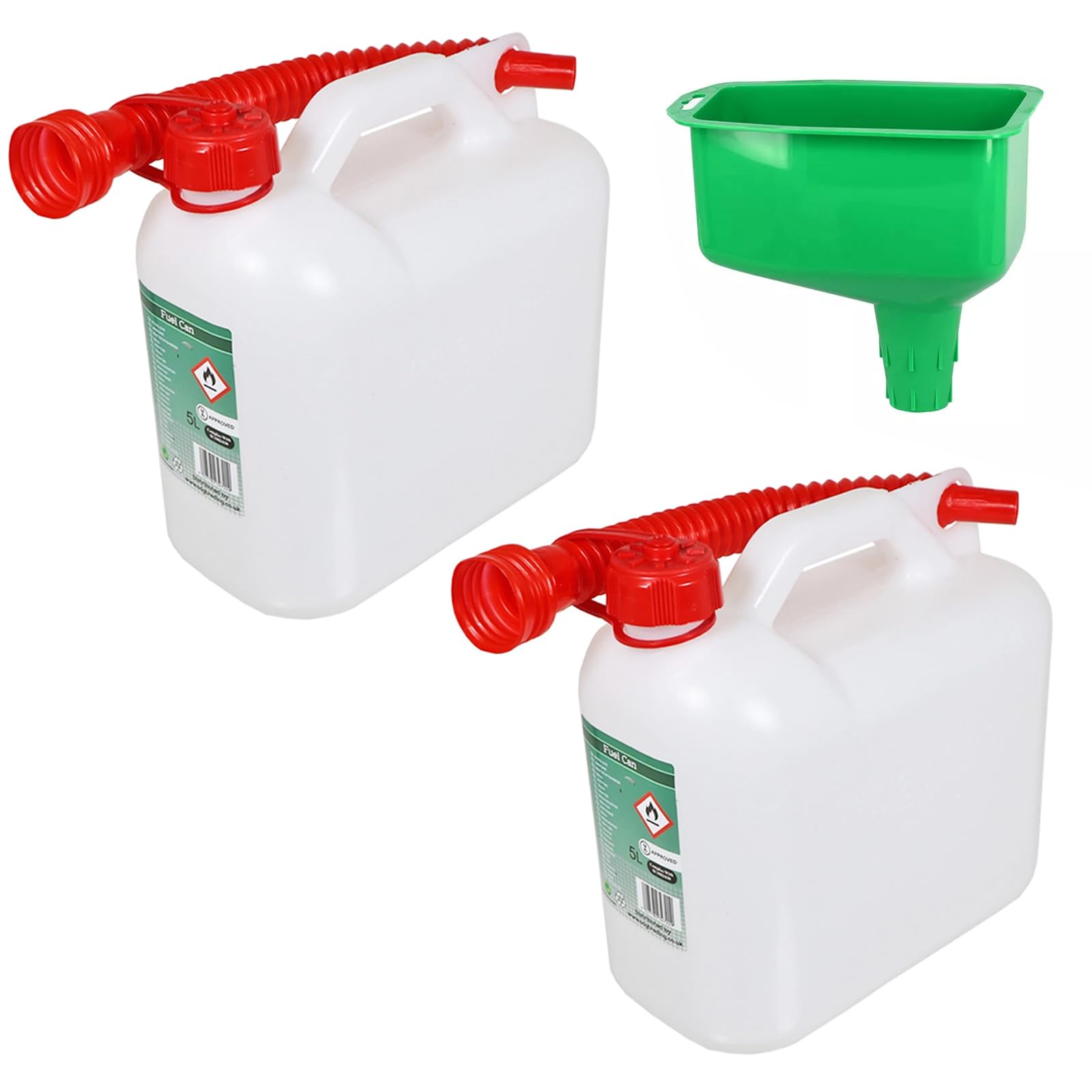SPARES2GO 5 Litre Fuel Can Petrol Diesel Jerry Canister with Flexible Spout (Pack of 2 + Funnel)