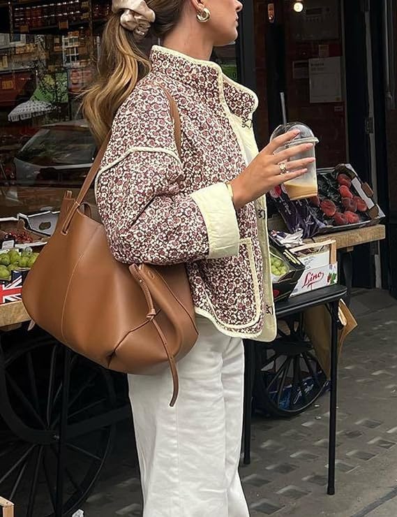 Aimiray Women's Cropped Floral Puffer Jacket Cardigan Printed Lightweight Open Front Padded Quilted Coats(DarkPink-XS)2