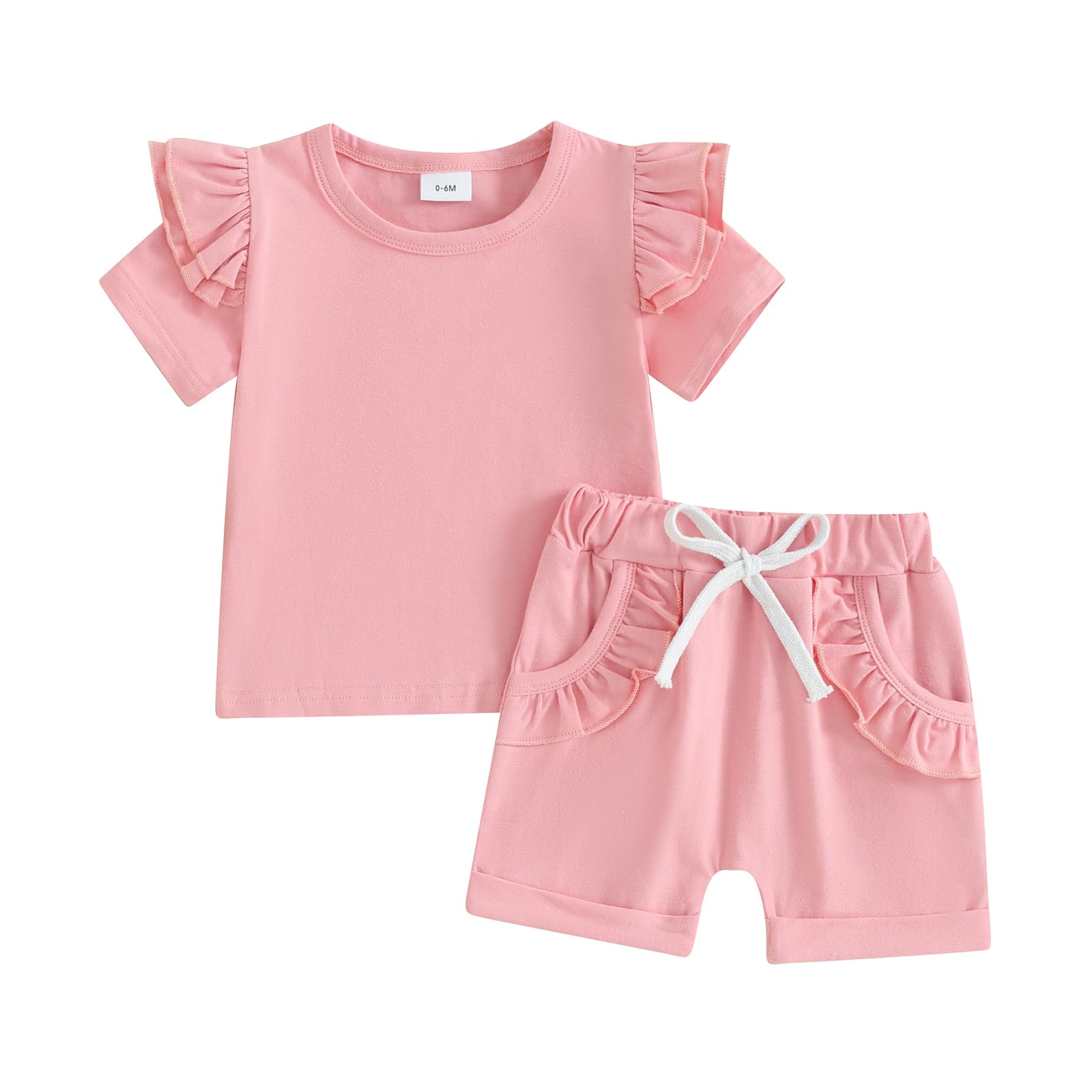 Toddler Baby Girls Summer Outfits Ruffle Short Sleeve T-Shirt Top Elastic Waist Shorts 2pcs Infant Clothes Set (Pink, 18-24 Months)