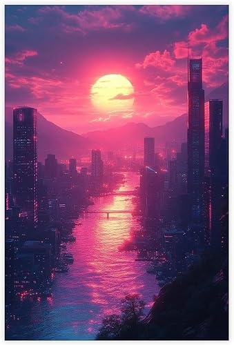 Vaporwave Neon City Wall Art  Synthwave Retro Futuristic Print  Abstract 80s Aesthetic Poster for Modern Home Decor Canvas Art Poster And Wall Art
