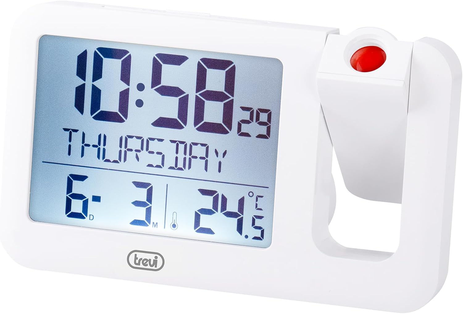 समोर view of Trevi PJ 3030 Digital Projection Clock showing the display and projection lens.