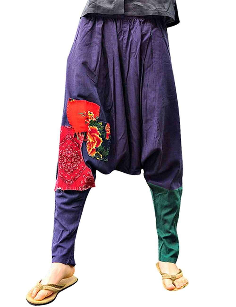 Bigasset Women's Cotton Linen Patchwork Drop Crotch Harem Pants with Pockets