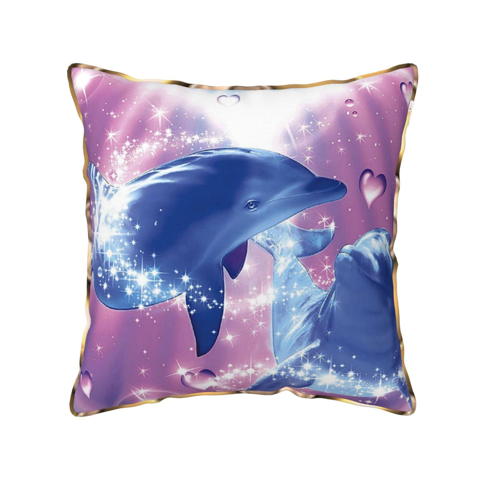 AUBKFELD Dolphins in Love Printed Velvet Cushion Cover 45x45 CM with Gold Edging Strip, Square Pillowcase Soft Throw Pillow Covers Case Decorative for Living Room Sofa Couch Bed Bench