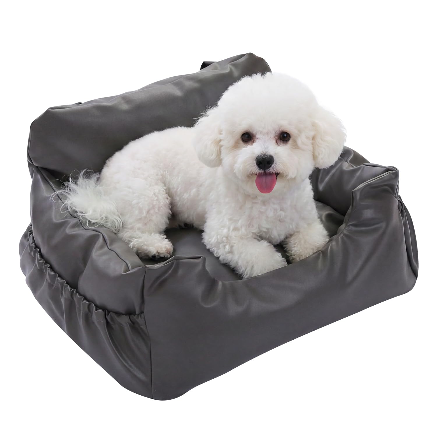 PETEPELA Faux Leather Dog Car Seat 63 x 55 x 33 cm with Sturdy Safety Belt, Soft Dog Booster Seat, Waterproof, Non-Slip Dog Transport Carrier for Dogs (LFaux Leather, Grey)