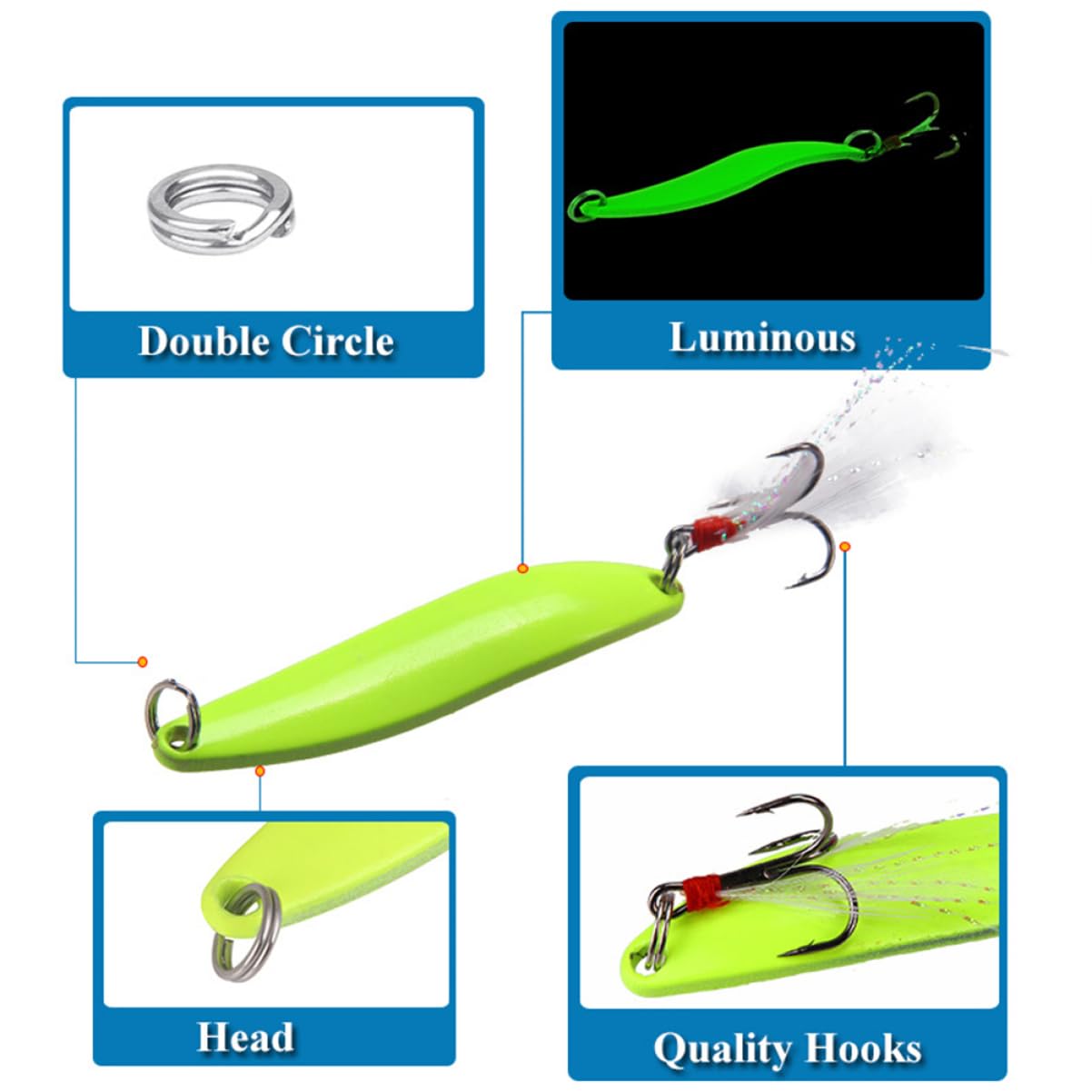 Esca da Pesca Luminosa in Metallo 12 Pezzi, 5g 7g 10g 13g | Verde Chiaro, Effetto Luminoso e Resistente, per Pesca Notturna, Adatta a Calamari e Pesci