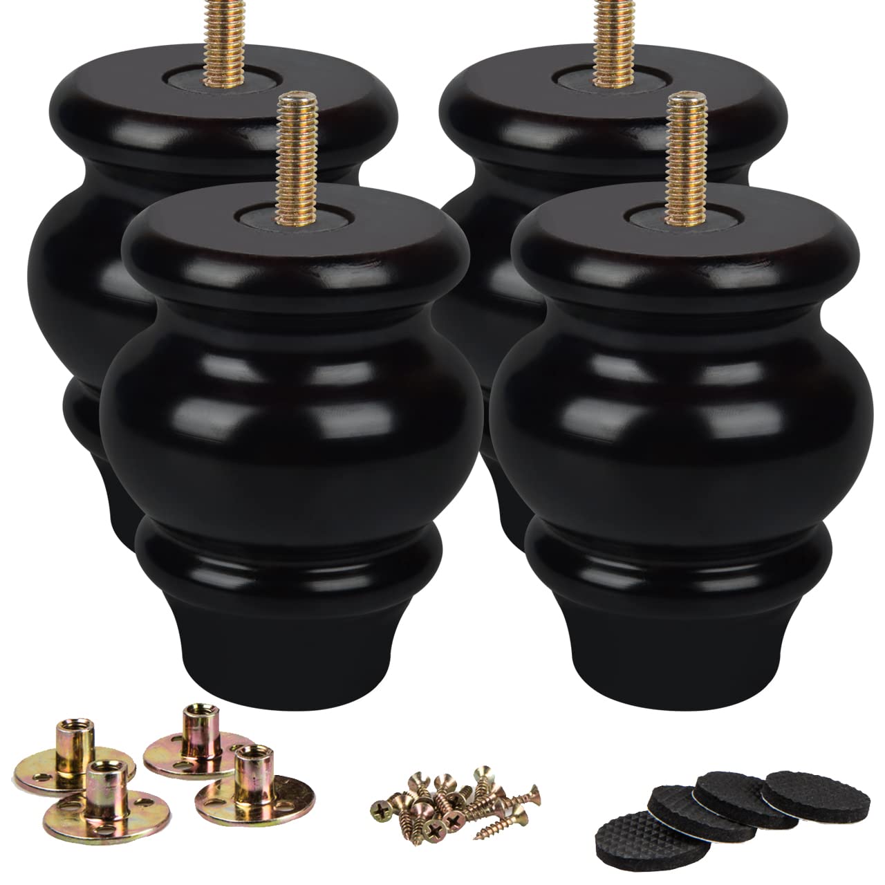 La Vane 3.5 Inch / 9cm Classic Bun Feet, 4PCS Solid Wood Furniture Legs with M8 Bolt & Mounting Plates, Small Size for Sofa Couch Bed Ottoman Kitchen Cabinet Toe Kick (Black) — image 1