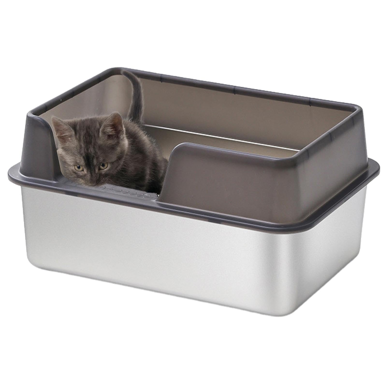Lettiera per gatti grande, con apertura superiore, in acciaio inox, con lati alti e coperchio rimovibile, per gattini, conigli, furetti, porcellini d'