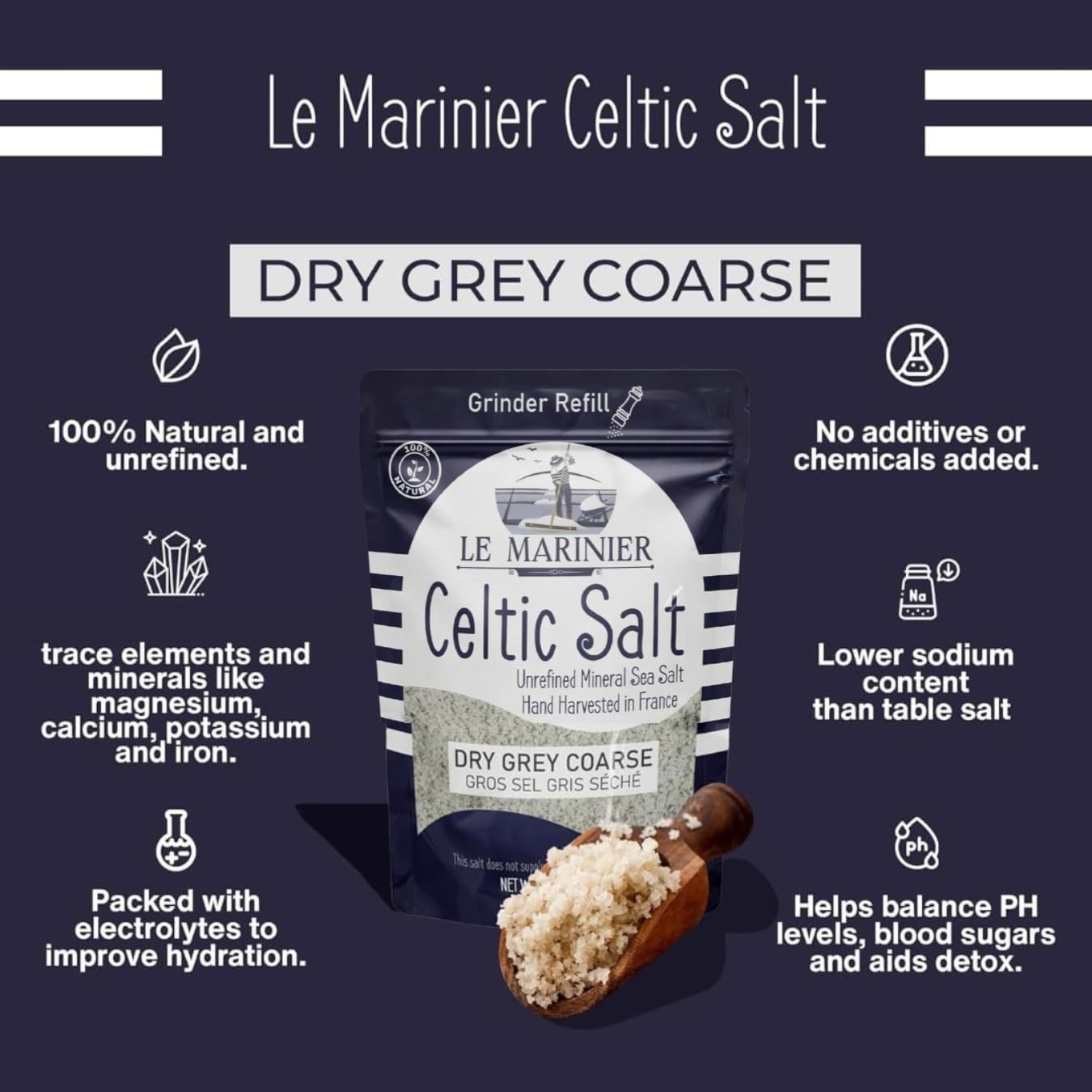 LE MARINIER Sel celtique - Sel de mer épais gris sec - 0,5 kg - 510,3 g + 82 minéraux - 100 % naturel - Sel de mer français non raffiné - Sel minéral celtique récolté à la main - Sel Gris, sel de mer