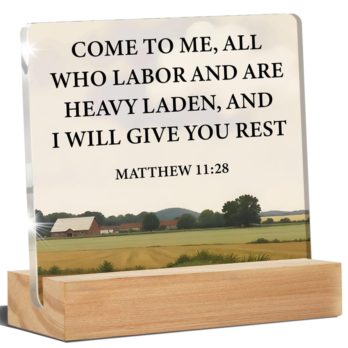 Vintage Christian Art Desk Decor Bible Verse Field Landscape Matthew 11:28 Acrylic Sign Home Office Decoration Gift