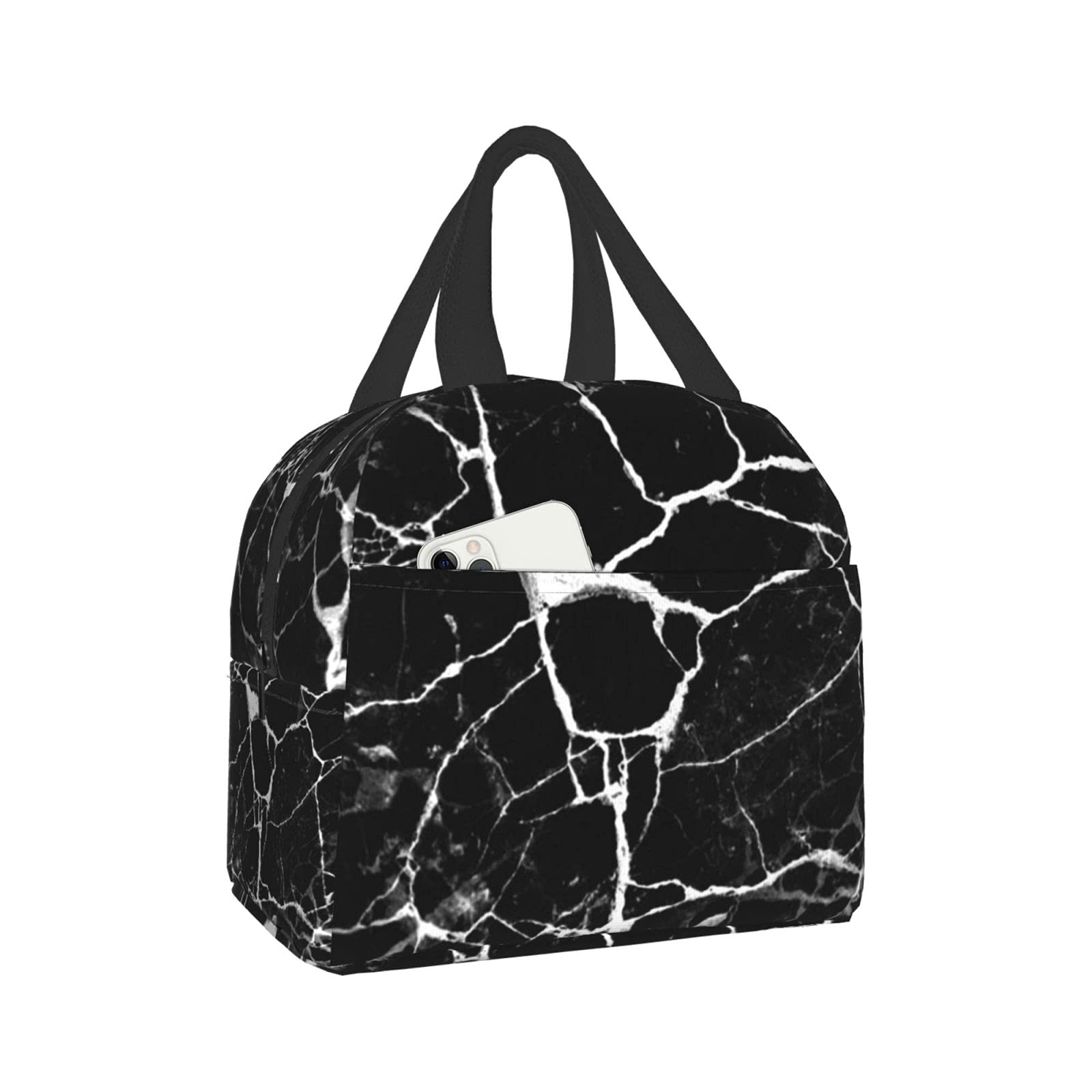 Insulated Lunch Bag 10L, Leakproof Reusable Lunch Box for Men Women, Lightweight Polyester Thermal Cooler Tote for Work Office Picnic Camping Marble Print Black White