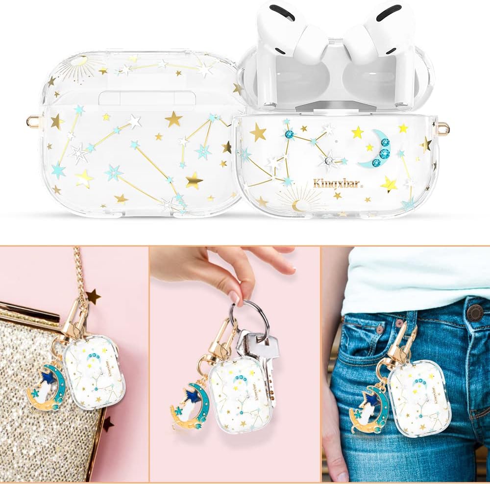 KINGXBAR AirPods Pro Case Cover Cute Clear Unique UV Sensor Full Protective TPU Frame Bling Floral Hard PC Cover with Keychain for Apple AirPods Pro Stars Design for Women