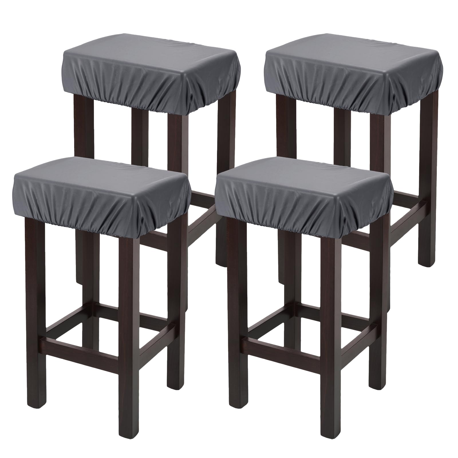 sourcing map 4 Pcs Seat Covers for Dining Chairs, Bar Stool Covers Stretch Chair Seat Protector Waterproof Saddle Stools Slipcover with Elastic Band for Kitchen Bar, PU Leather Dark Gray