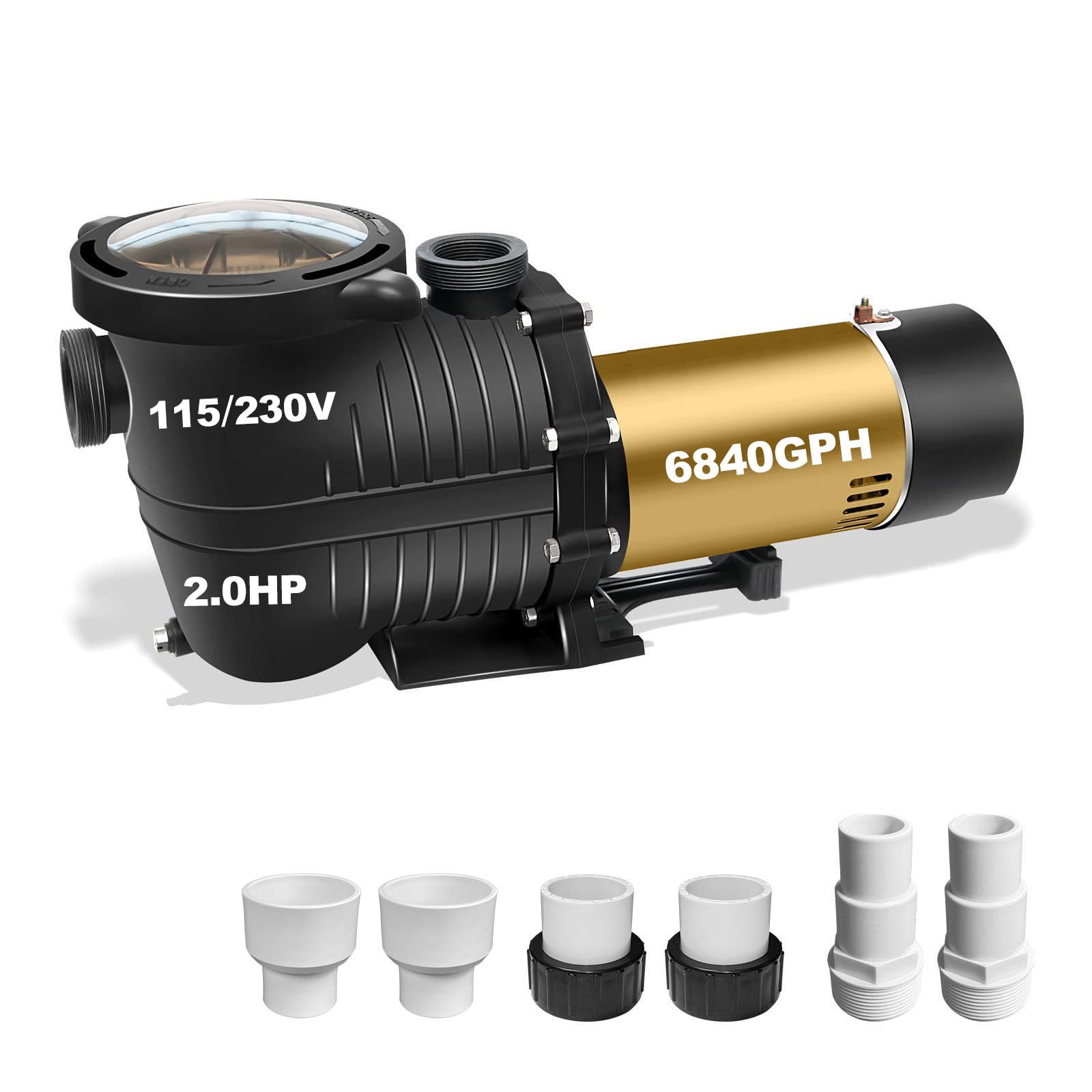 Photo 1 of 2HP Dual Voltage 115/230v Swimming Pool Pump w/ 1.25" Hose Adapters and 1.5" & 2.0" Pipe Fittings, 6840GPH Qmax, 48FT Hmax, Thermal Protected Long lifespan Pool Motor